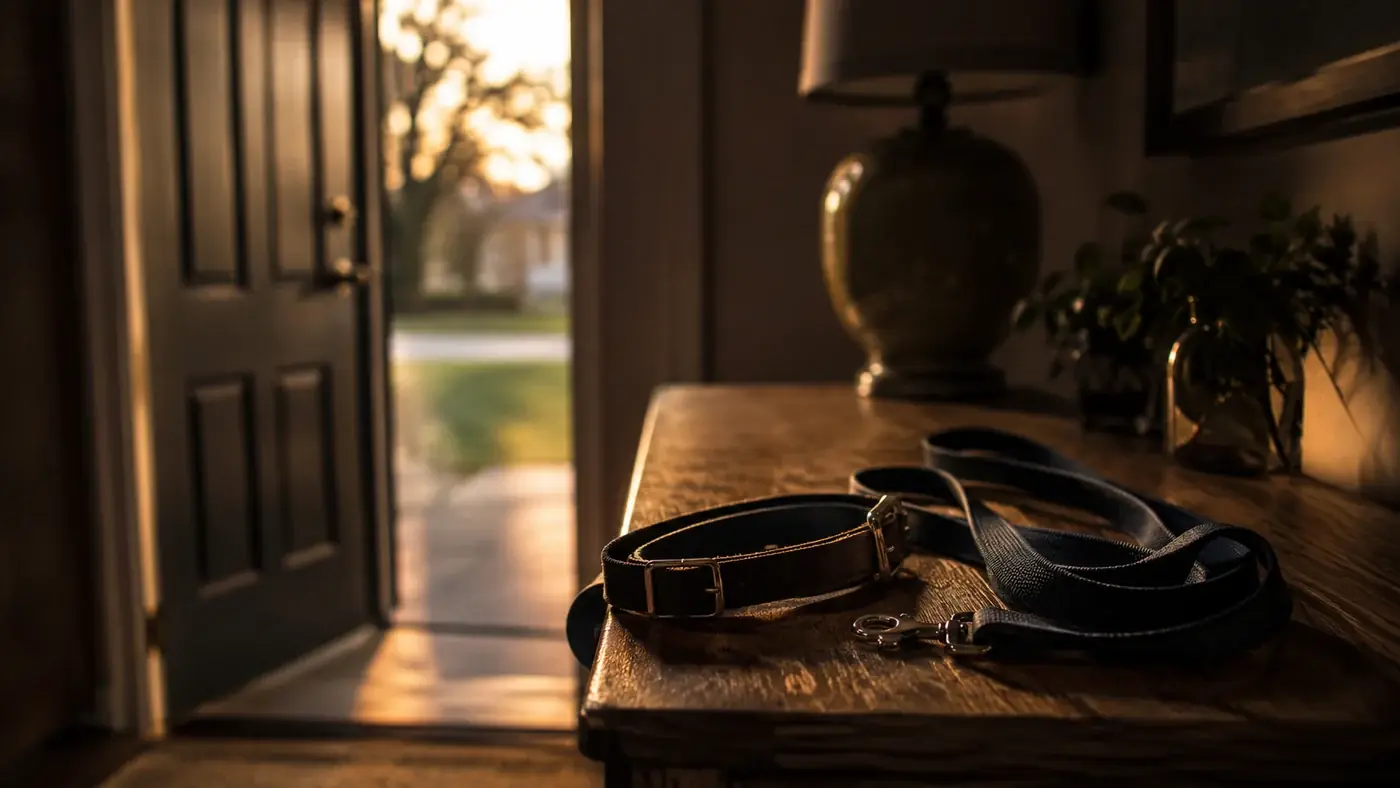 An open front door at dusk, a leather collar and leash left on the hall table