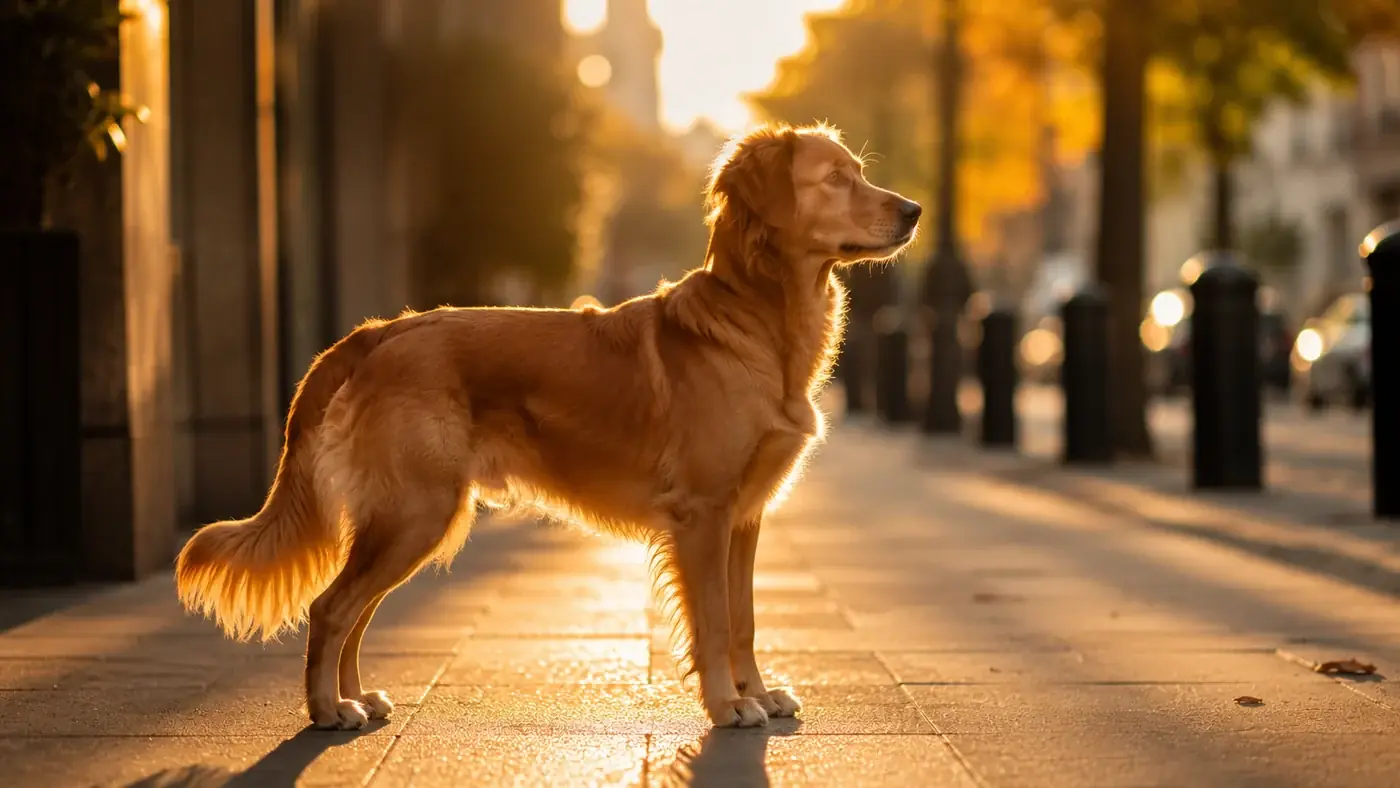 A tan dog walking along a city street at golden hour, seen from the side