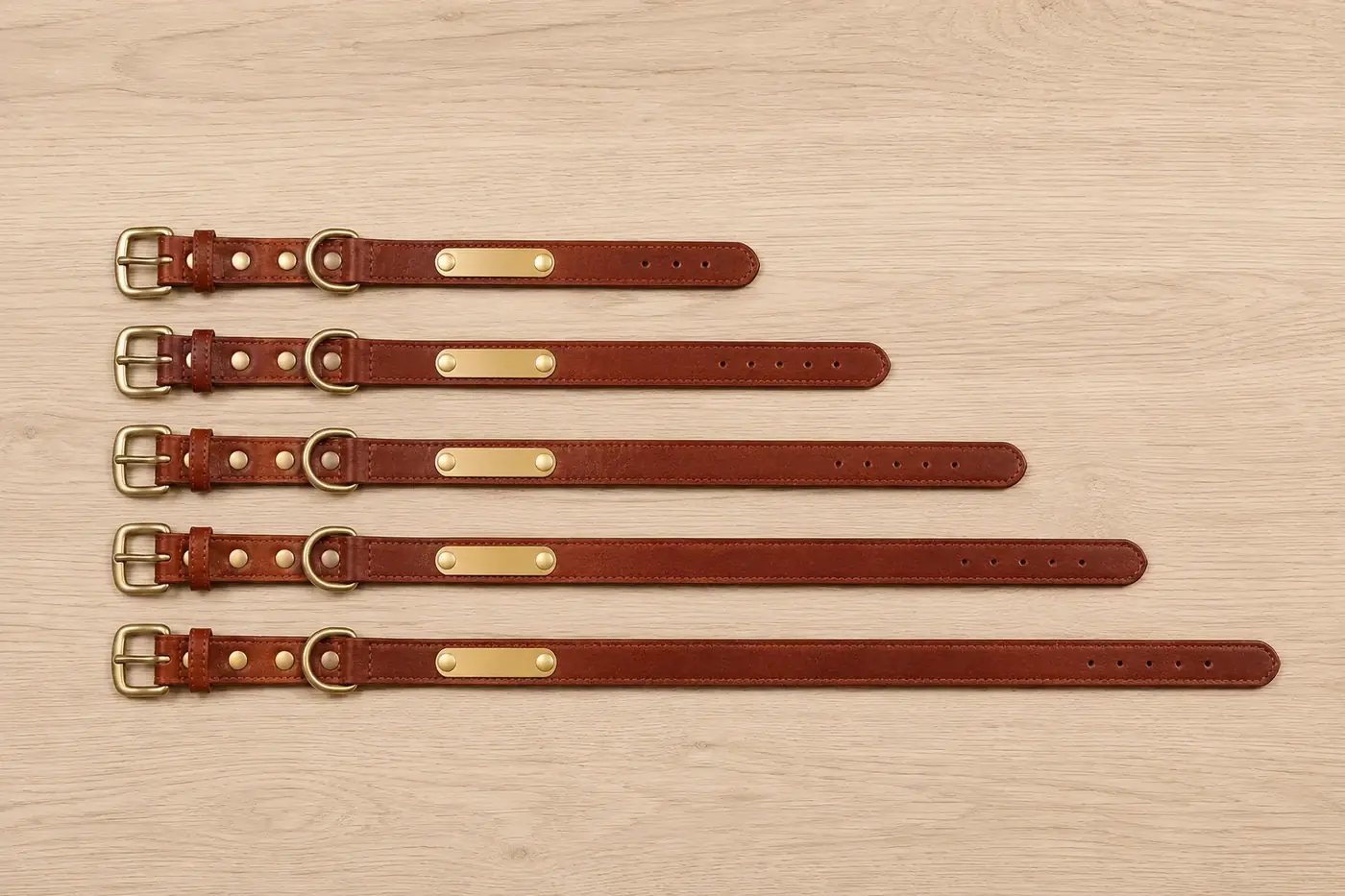 The five collar sizes laid out in a row on pale wood, shortest at the top, each with its brass plate and buckle