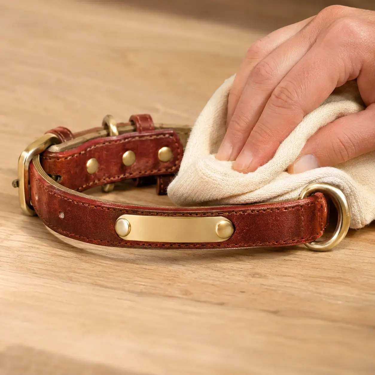 A hand wiping the brown collar with a soft cloth on a wooden table