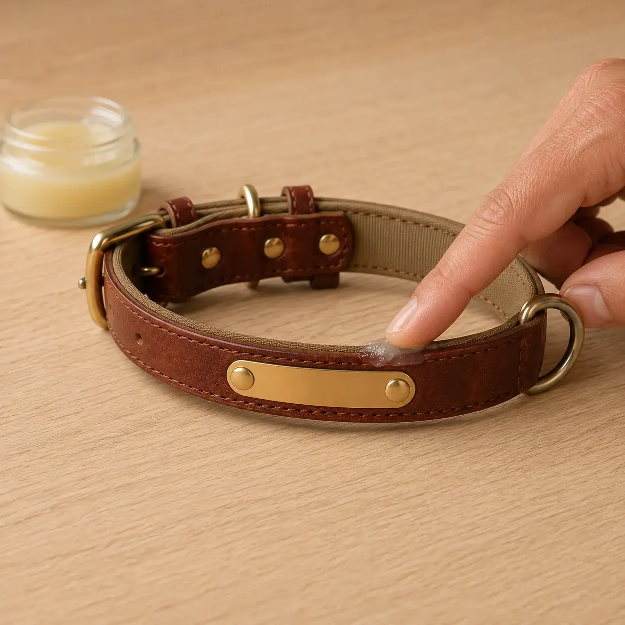 A finger taking balm from an open jar and working it into the strap