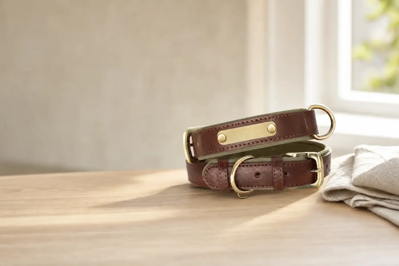 Brown leather dog collar with an engraved brass name plate, photographed on a pale surface