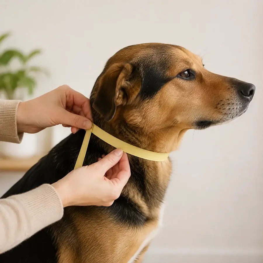Two hands running a yellow tape measure around the neck of a tan and black hound