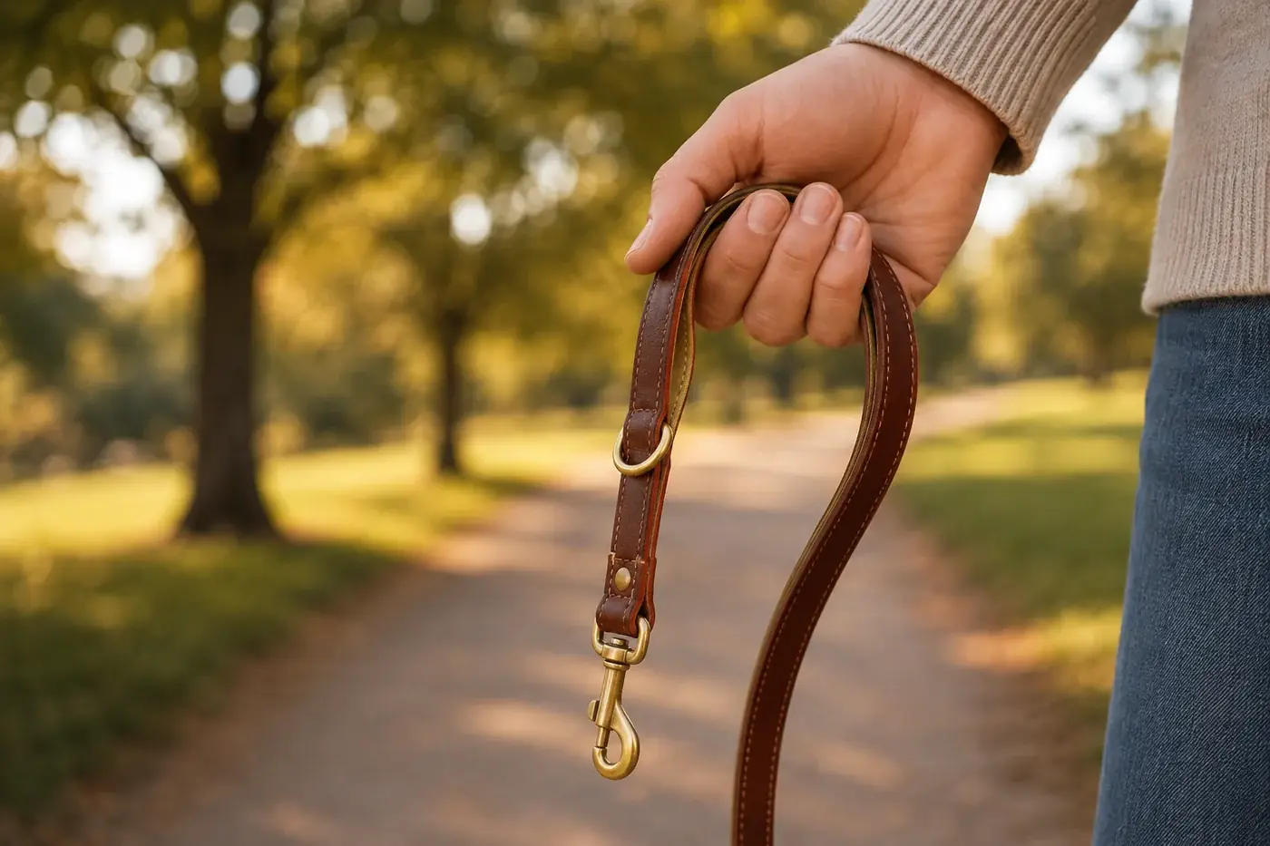 A hand holding the brown leather leash on a park path lined with autumn trees