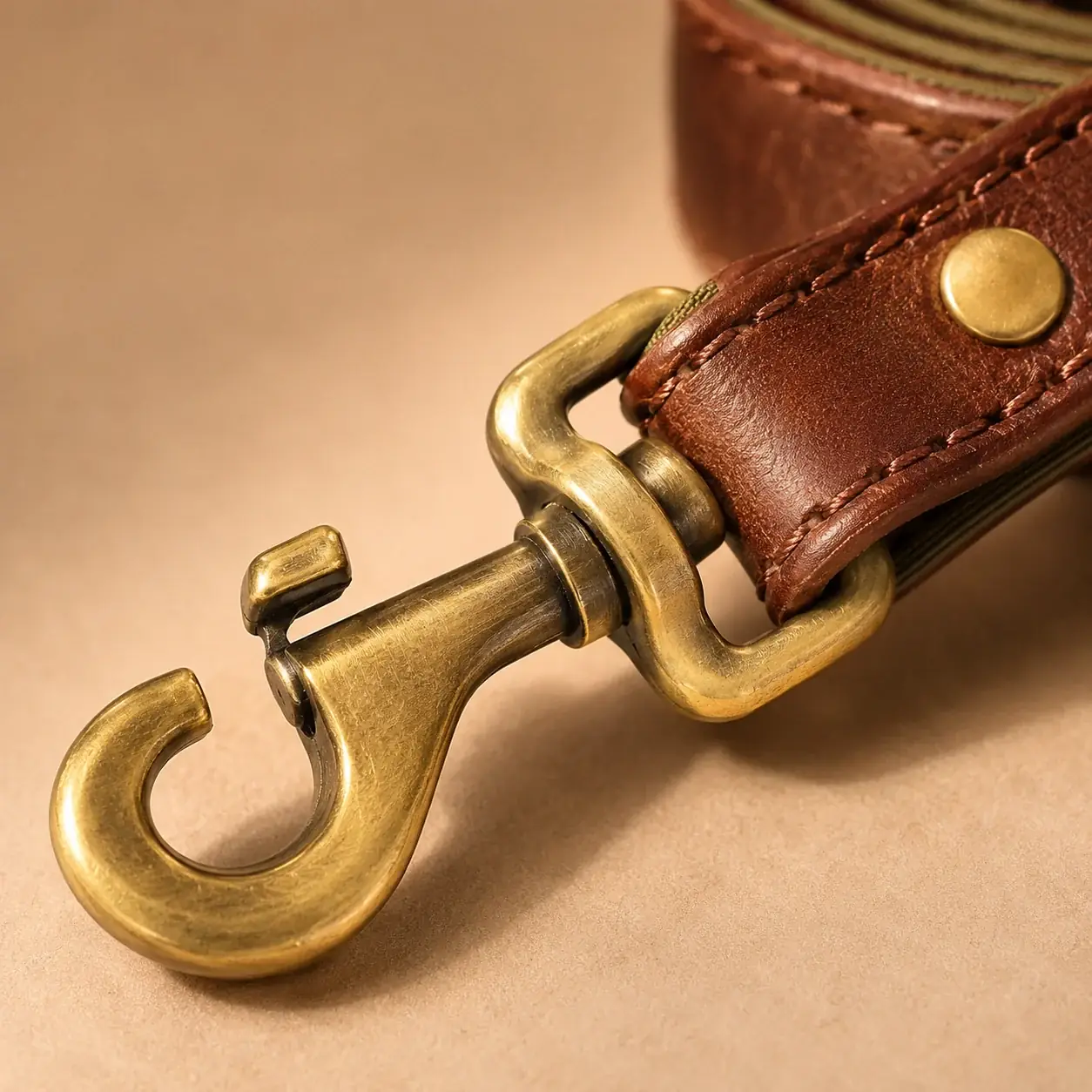 Macro of the solid brass swivel snap hook joined to the brown leather strap, with a domed rivet above it