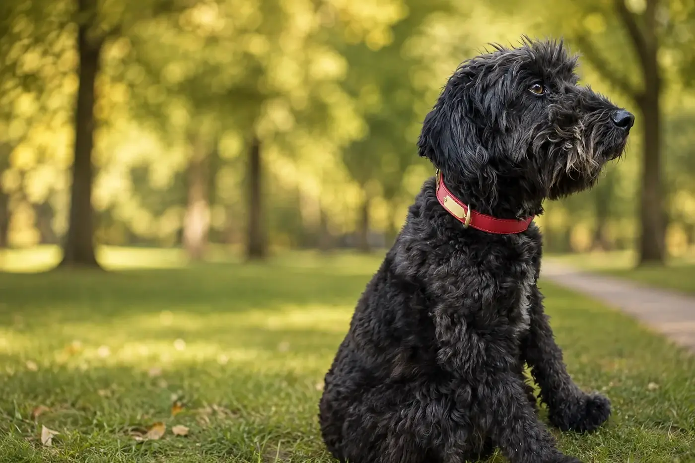 Black curly-coated dog wearing a leather collar with a brass plate, outdoors in a park
