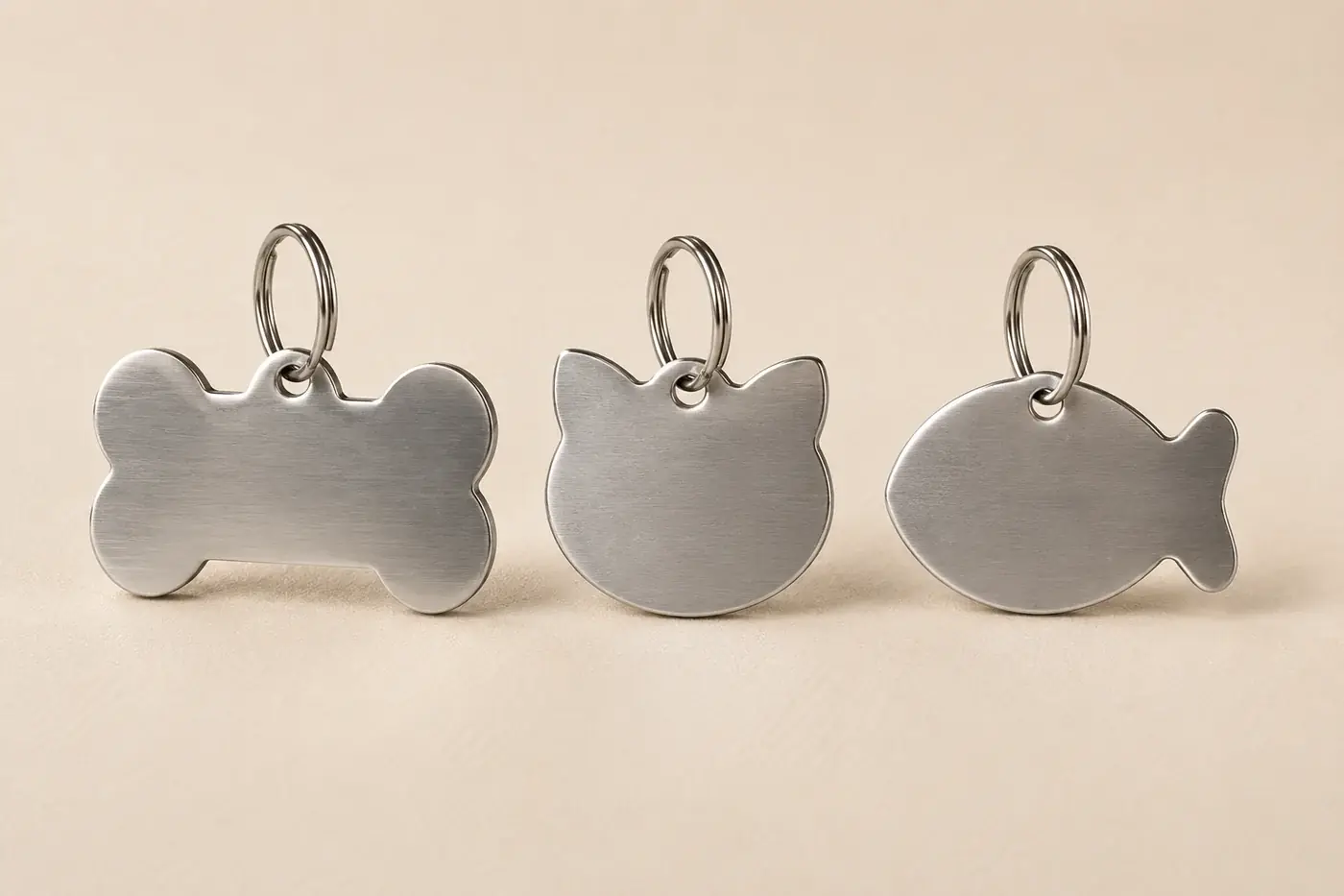 The three tag shapes in steel side by side on split rings: bone, cat head and fish, shown at their real relative sizes