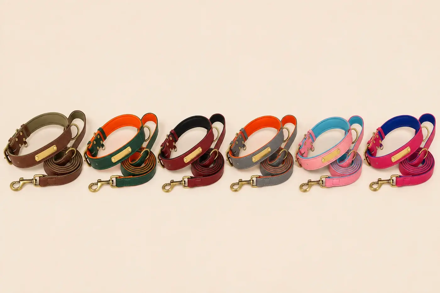 Six collar and leash sets laid side by side on a cream background, each collar buckled with a brass plate and its matching leash coiled beside it