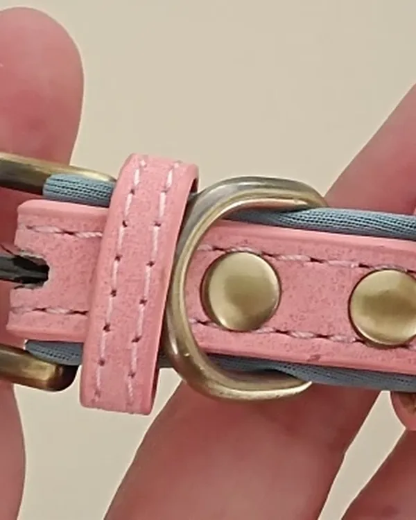 Close-up of the brass buckle, D-ring and rivets on the pink strap