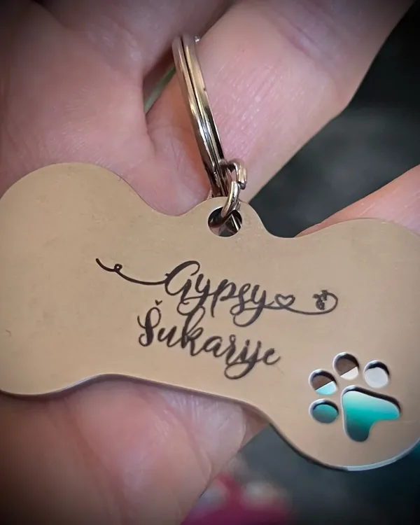 Rose gold bone-shaped tag held in hand, cut-out paw print filled with teal