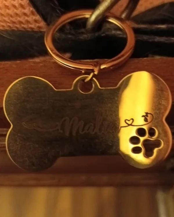 Brass bone-shaped tag engraved "Malia", hanging from a collar ring