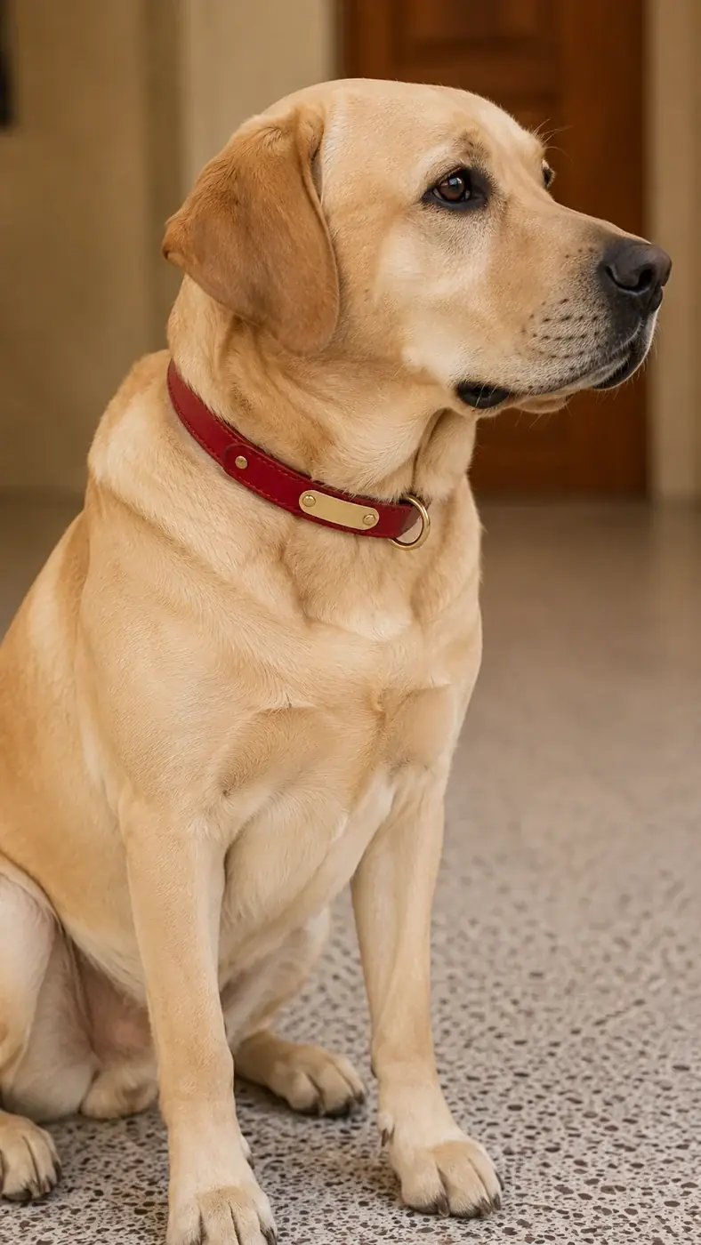 A yellow labrador sitting on the same speckled floor, wearing the red leather collar in size L with its brass plate