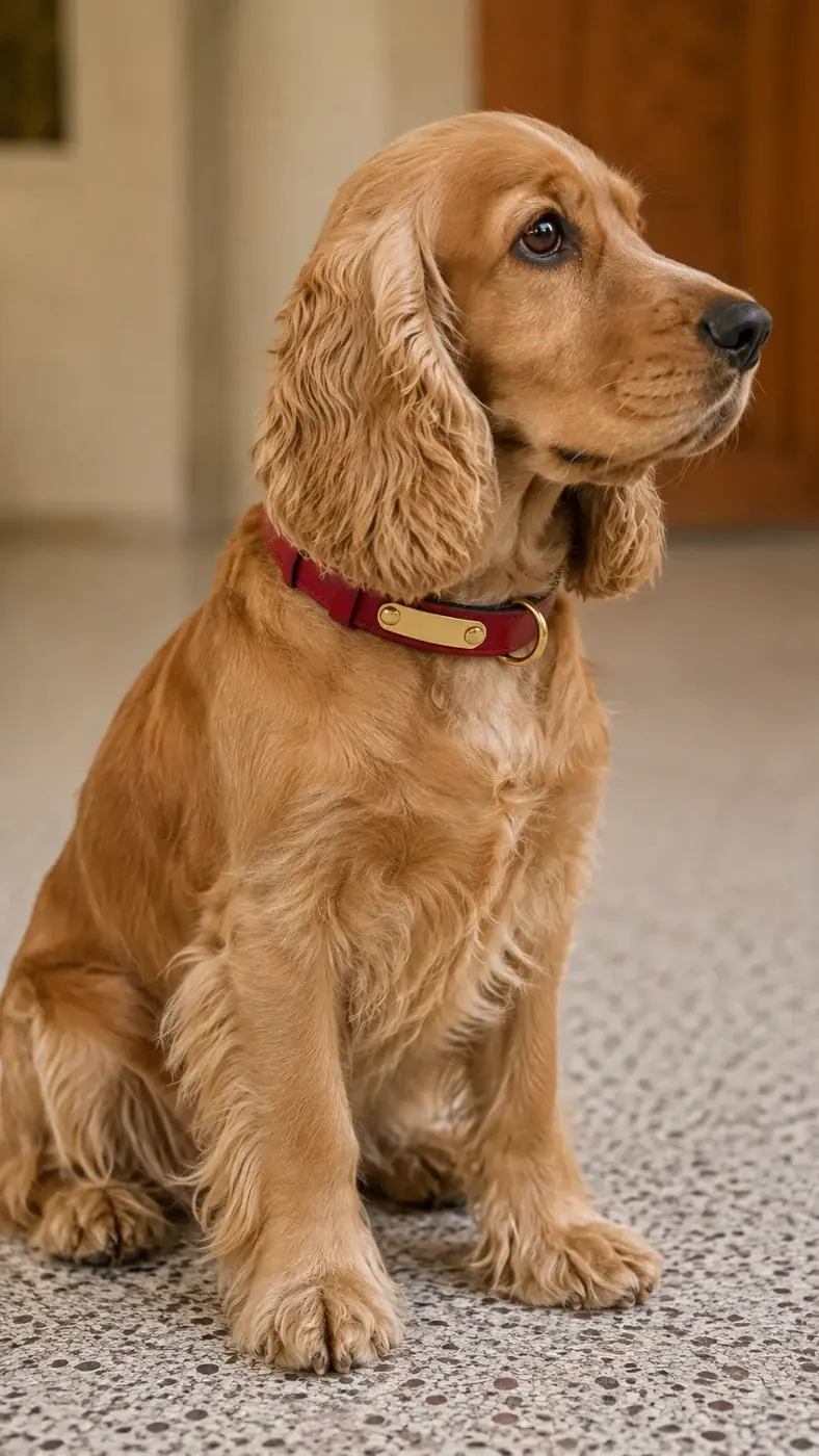 A cocker spaniel sitting, wearing the red collar in size M