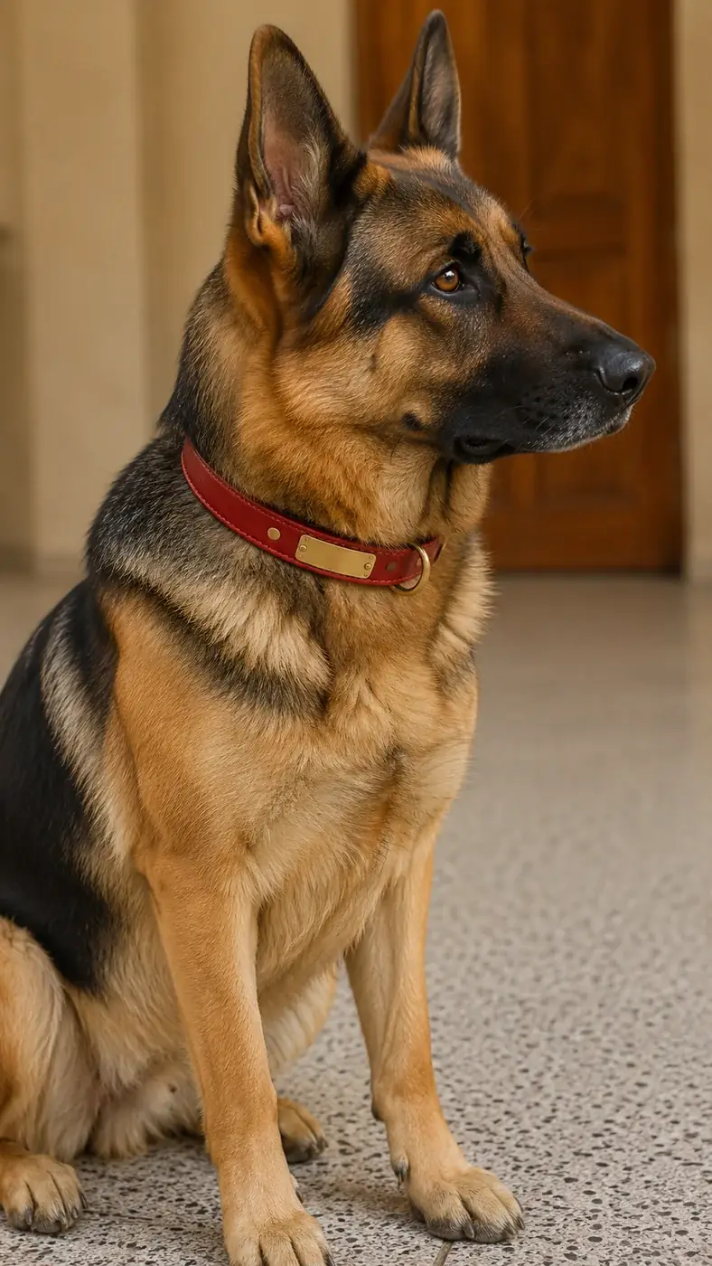A german shepherd sitting, wearing the red collar in size XL