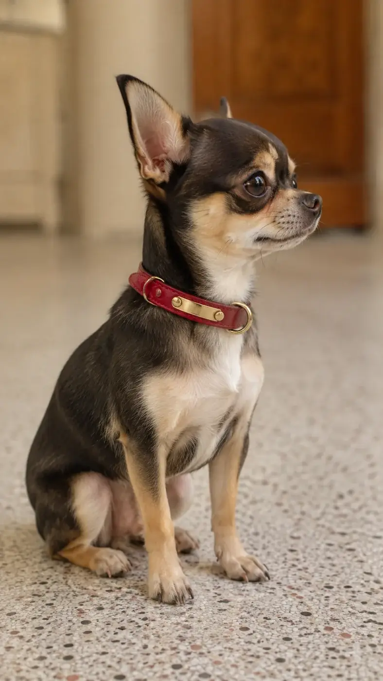 A chihuahua sitting, wearing the red collar in size XS